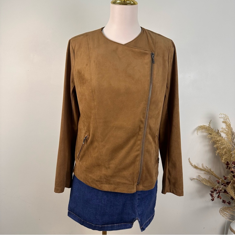 J. Jill Faux Suede Moto Jacket Size Small Petite SP Brown Camel Asymmetrical Zip - Picture 2 of 13